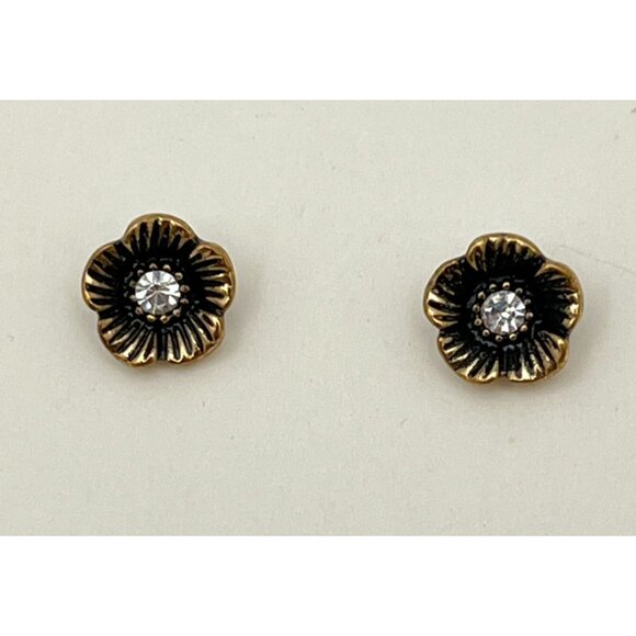 Vintage Flower Stud Earrings Black Floral Rhinestone Accent 1/4 Inch - Picture 6 of 8